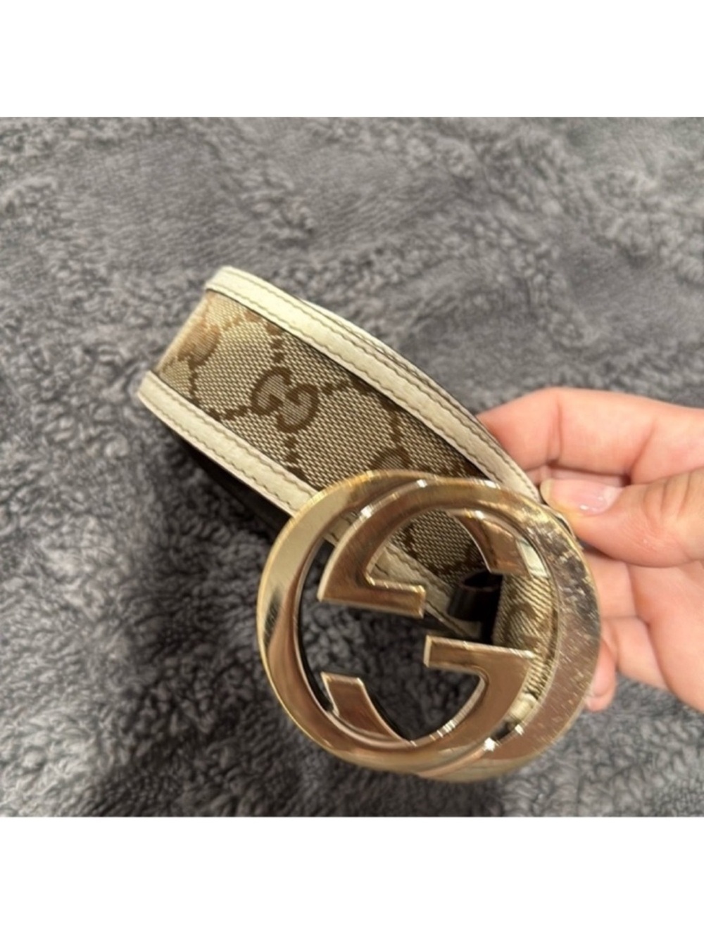 Gucci Beige GG Monogram Belt with Gold Double G Buckle
